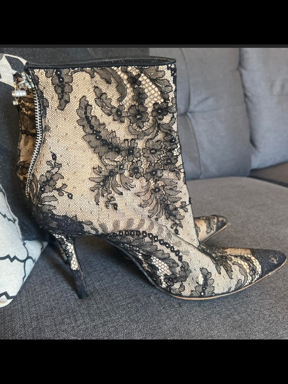 Versace Black Lace Overlay Pointed Ankle Booties on Cream